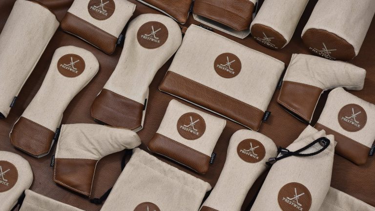PRG Golf Union Collection accessories featuring waxed canvas and leather detailing, linen colour.